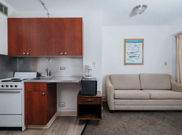 The image depicts a small room with a kitchenette on the left, a beige sofa on the right, and a framed poster of sharks on the wall.